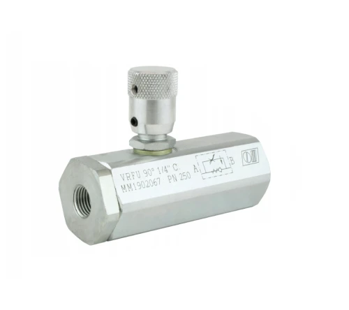 VRFU 90C hordós szelep állítható fojtószeleppel egy irányba. Menetekkel: 1/4”, térfogatáram: 17L/perc, maximális nyomás: 250bar