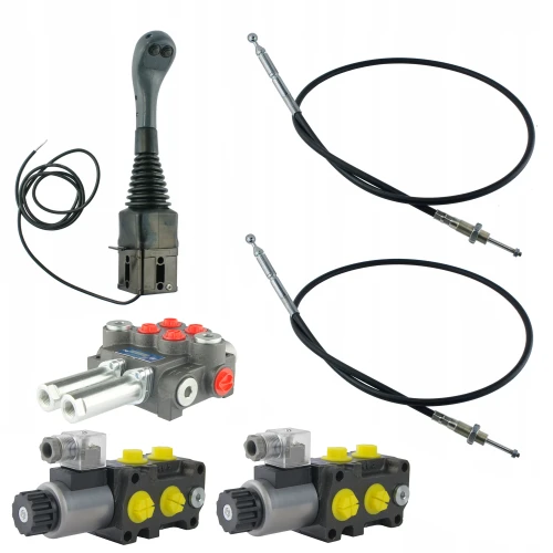 Hidraulikus elosztó 40L/perc 2-szekciós, 2 elektromos szelep hidraulikus elválasztó 6/2 12V, joystick 2 gombbal, 2 Bowden-kötél a hidraulikus elosztóhoz - HT24