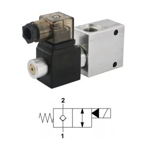 2-utas 2/2-es alaphelyzetben zárt elektromos működtetésű hidraulikus szelep, egyirányú blokkolhatósággal. Menetek: 1/2” feszültség: 230V átáramlás: 70L / perc maximális nyomás: 350bar 